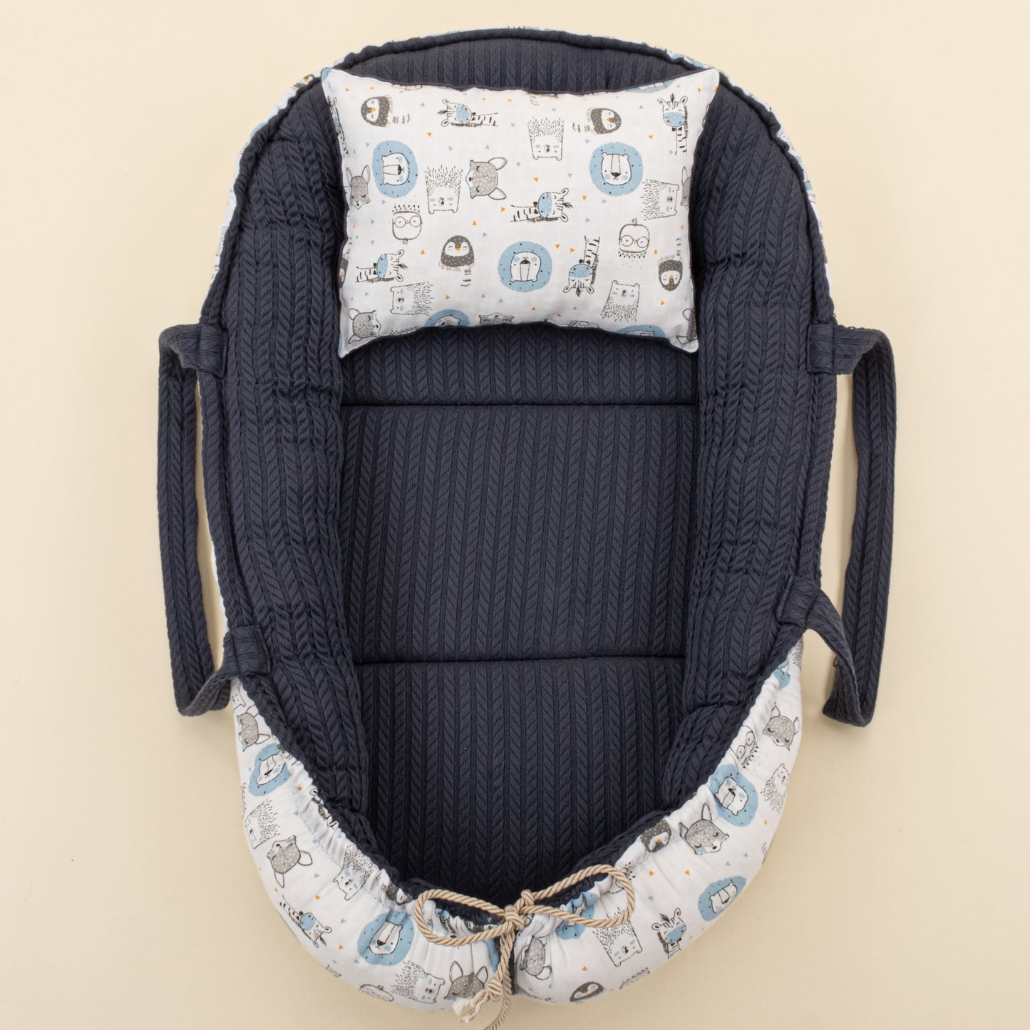 Babynest ve Yastık - Çift Taraflı - Lacivert Örgü - Mavi Aslan