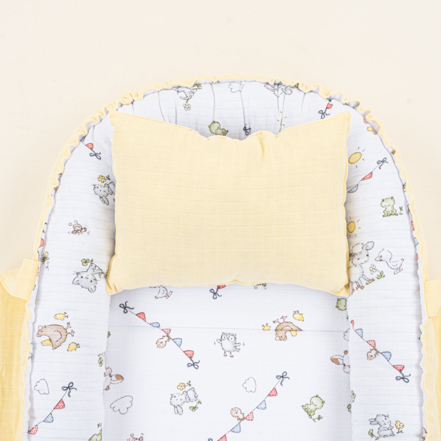 Babynest ve Yastık - Çift Taraflı - Sarı Muslin - Çiftlik hayvanları