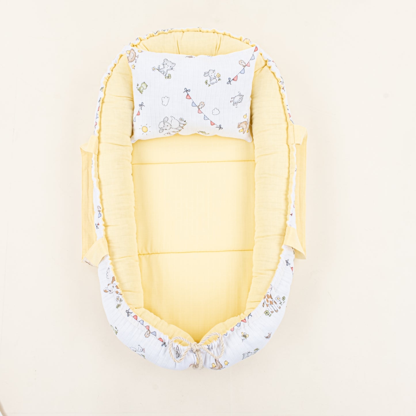 Babynest ve Yastık - Çift Taraflı - Sarı Muslin - Çiftlik hayvanları