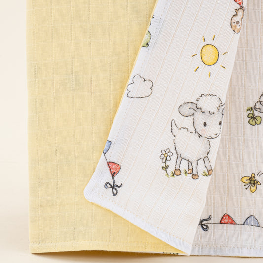 Çift Taraflı Muslin Örtü - Sarı Muslin - Çiftlik Hayvanları