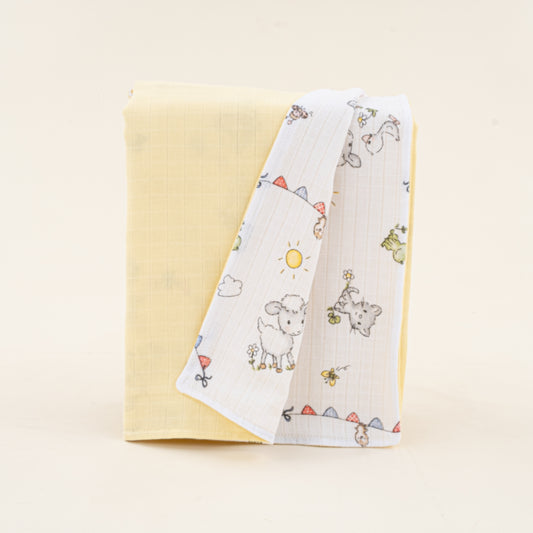 Çift Taraflı Muslin Örtü - Sarı Muslin - Çiftlik Hayvanları