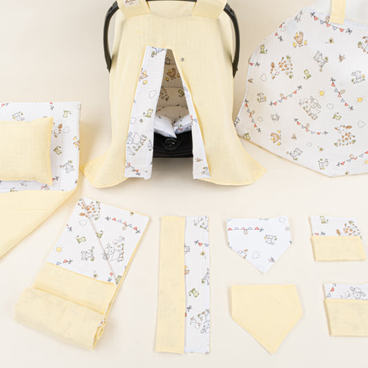 11 Parça Avantajlı Set - Çift Taraflı - Sarı Muslin - Çiftlik Hayvanları