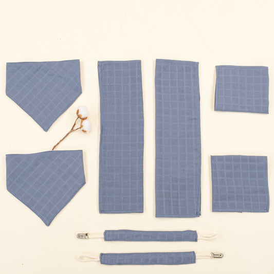 Emzik Askısı , Önlük ve Mendil Seti - Tek Taraflı - İndigo Muslin
