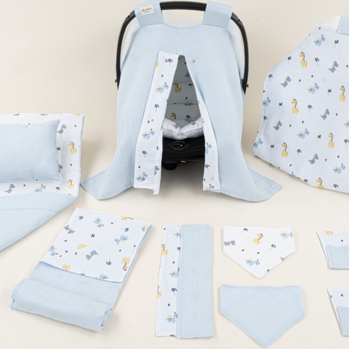 11 Parça Avantajlı Set - Çift Taraflı - Bebe Mavisi Muslin - Dino