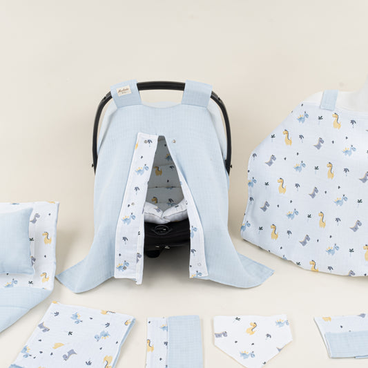 11 Parça Avantajlı Set - Çift Taraflı - Bebe Mavisi Muslin - Dino
