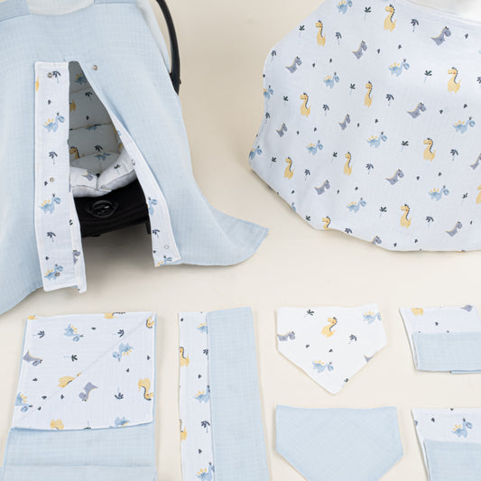 9 Parça Avantajlı Set - Çift Taraflı - Bebe Mavi Muslin - Dino