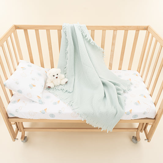 Bebek Nevresim Seti (Dört Katlı Muslin Battaniye , Yastık Kılıfı , Lastikli Çarşaf) - Mint Dört Kat Muslin Battaniye - Su Yeşili Güneş
