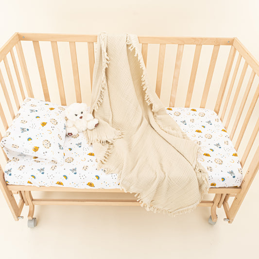 Bebek Nevresim Seti (Dört Katlı Muslin Battaniye , Yastık Kılıfı , Lastikli Çarşaf) - Taş Dört Kat Muslin Battaniye - Zoo