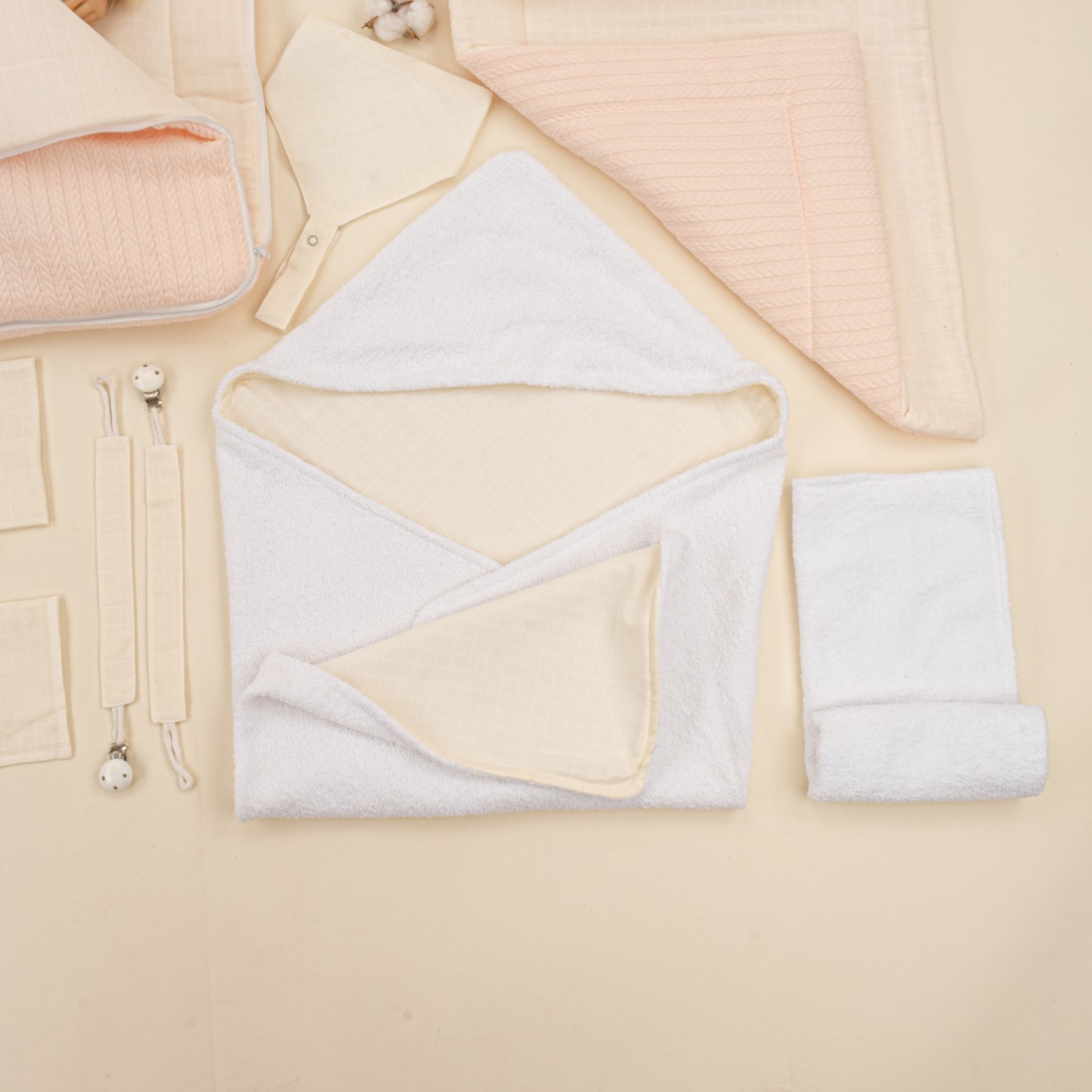 25 Parça Full Set - Çift Taraflı - Somon Örgü - Krem Muslin