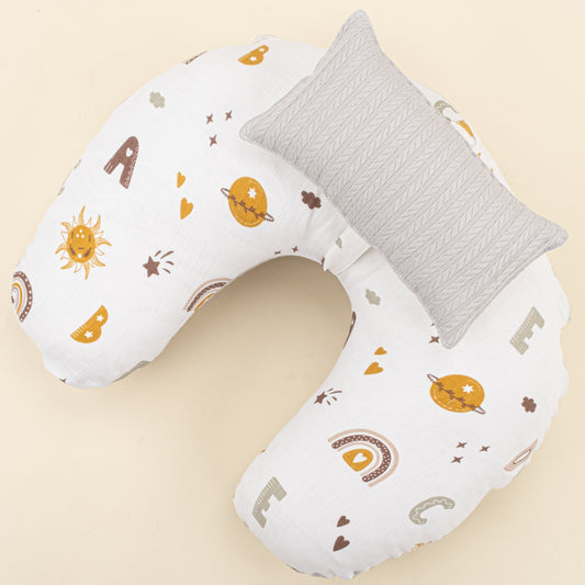 Emzirme Yastığı - Çift Taraflı - Açık Gri Örgü - Galaksi ve Harfler