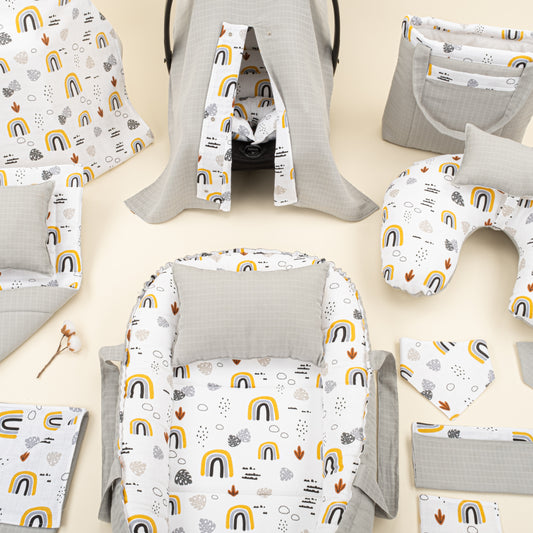 18 Parça Full Set - Çift Taraflı - Açık Gri Muslin - Hardal Gökkuşağı