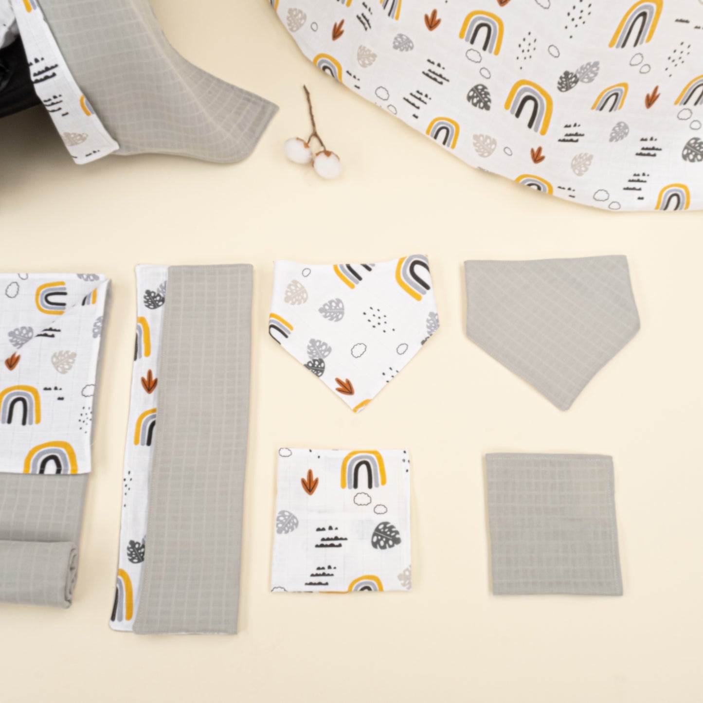 9 Parça Avantajlı Set - Çift Taraflı - Açık Gri Muslin - Hardal Gökkuşağı