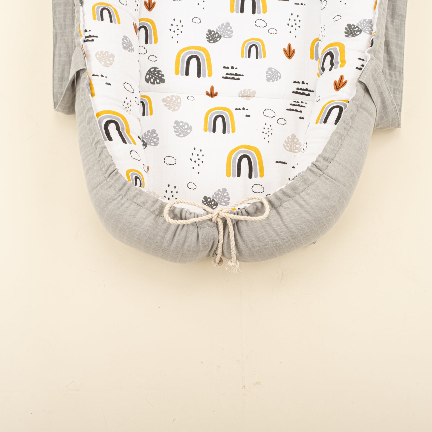 Babynest ve Yastık - Çift Taraflı - Açık Gri Muslin - Hardal Gökkuşağı