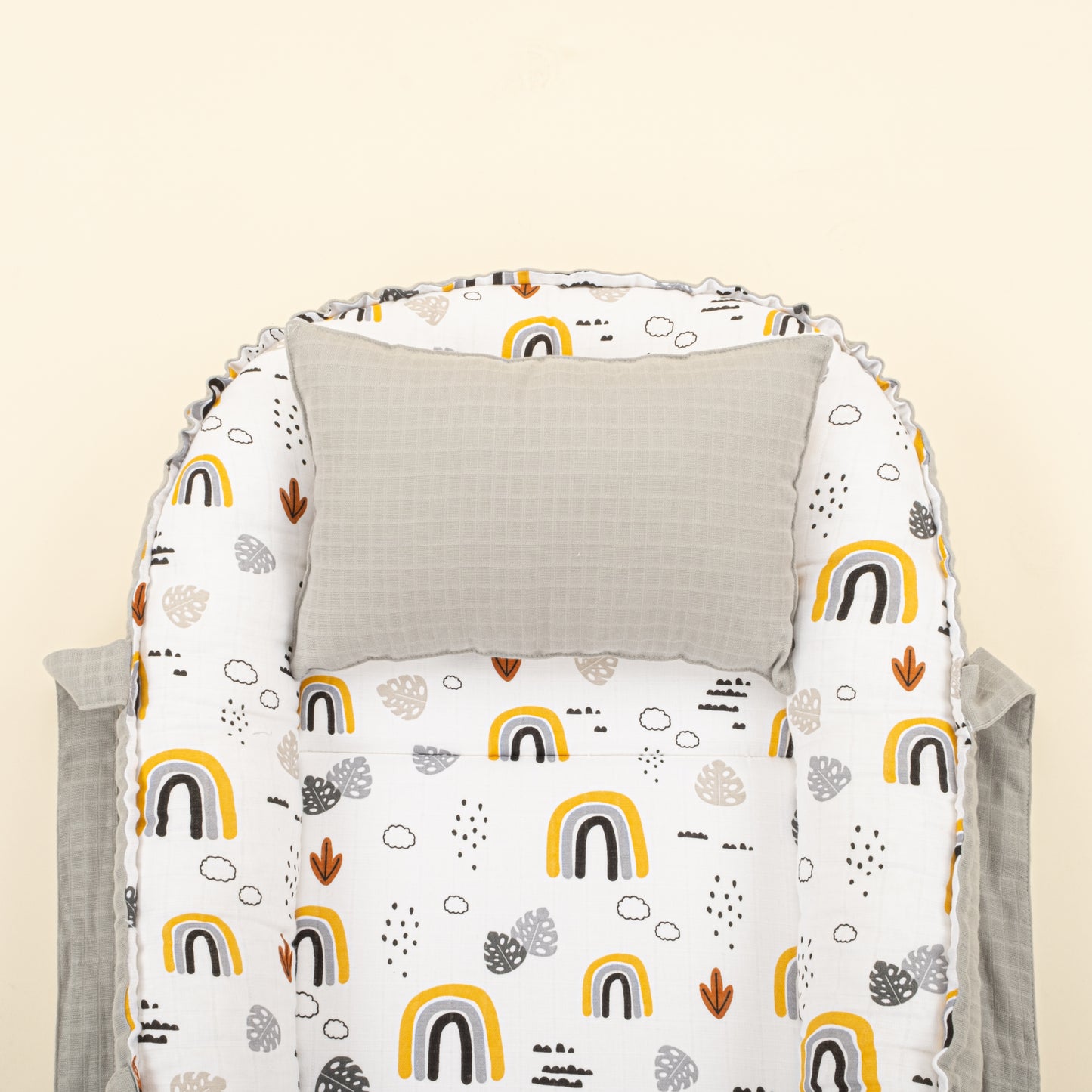 Babynest ve Yastık - Çift Taraflı - Açık Gri Muslin - Hardal Gökkuşağı