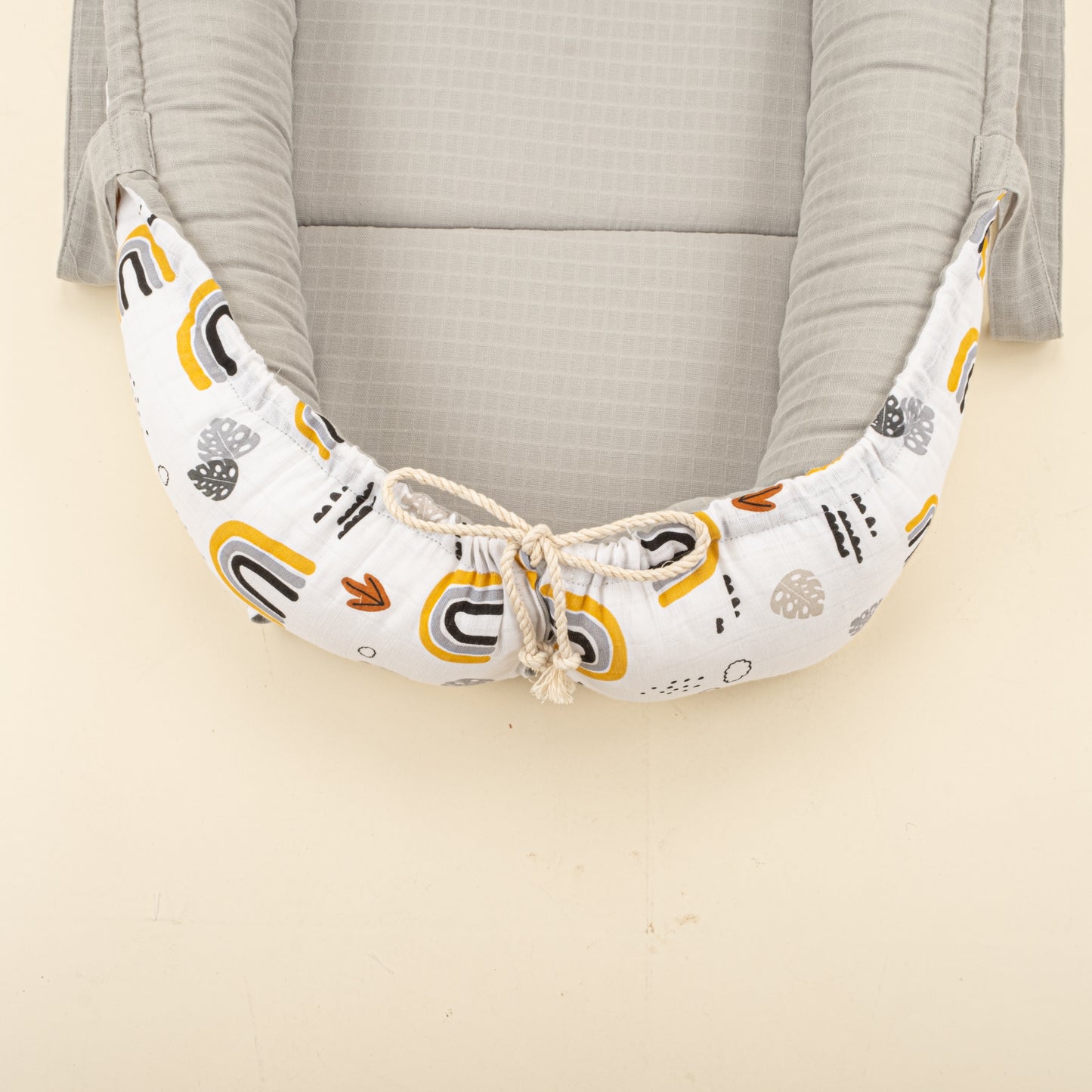 Babynest ve Yastık - Çift Taraflı - Açık Gri Muslin - Hardal Gökkuşağı