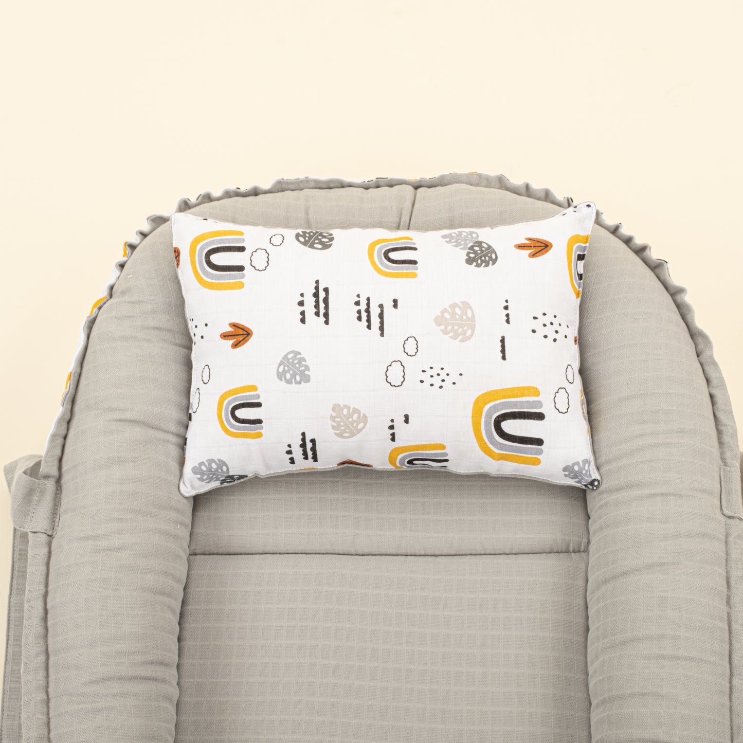 Babynest ve Yastık - Çift Taraflı - Açık Gri Muslin - Hardal Gökkuşağı