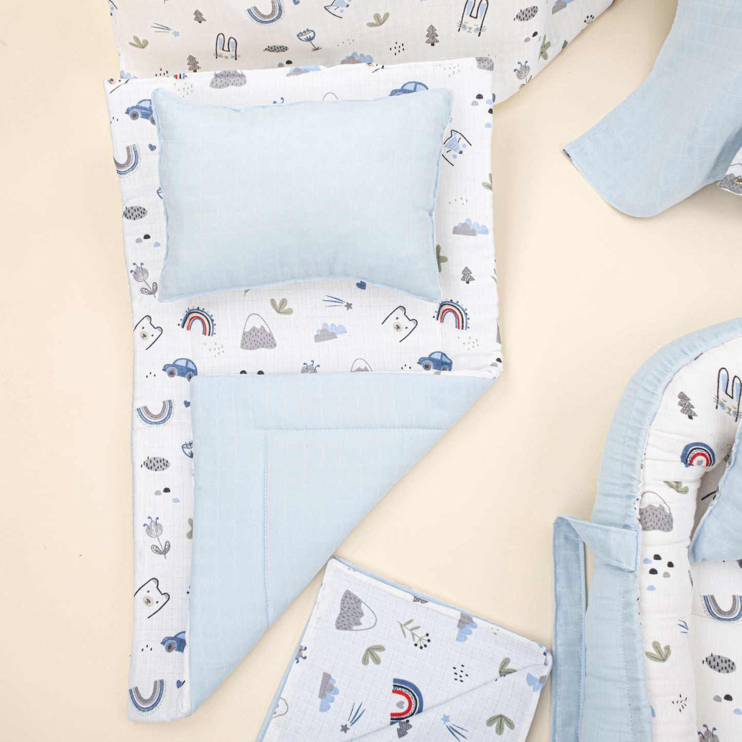 18 Parça Full Set - Çift Taraflı - Mavi Muslin - Mavi Kedi