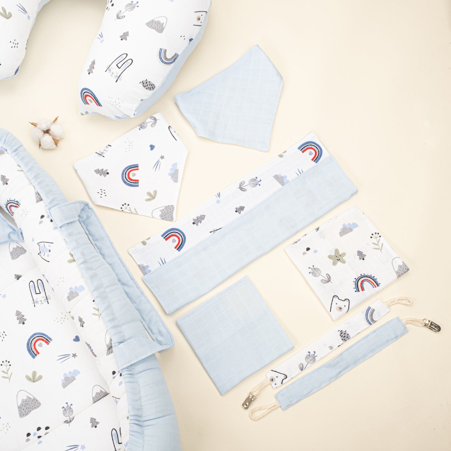 18 Parça Full Set - Çift Taraflı - Mavi Muslin - Mavi Kedi