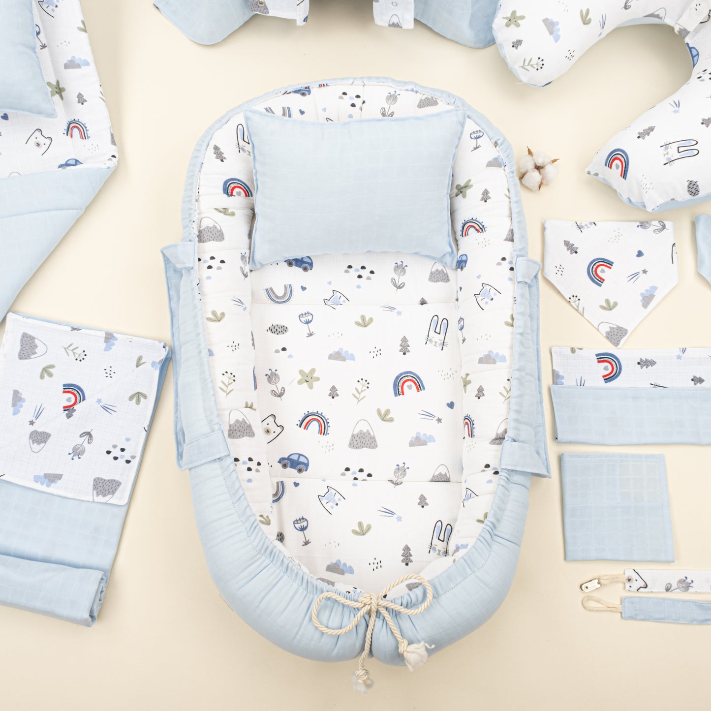 18 Parça Full Set - Çift Taraflı - Mavi Muslin - Mavi Kedi