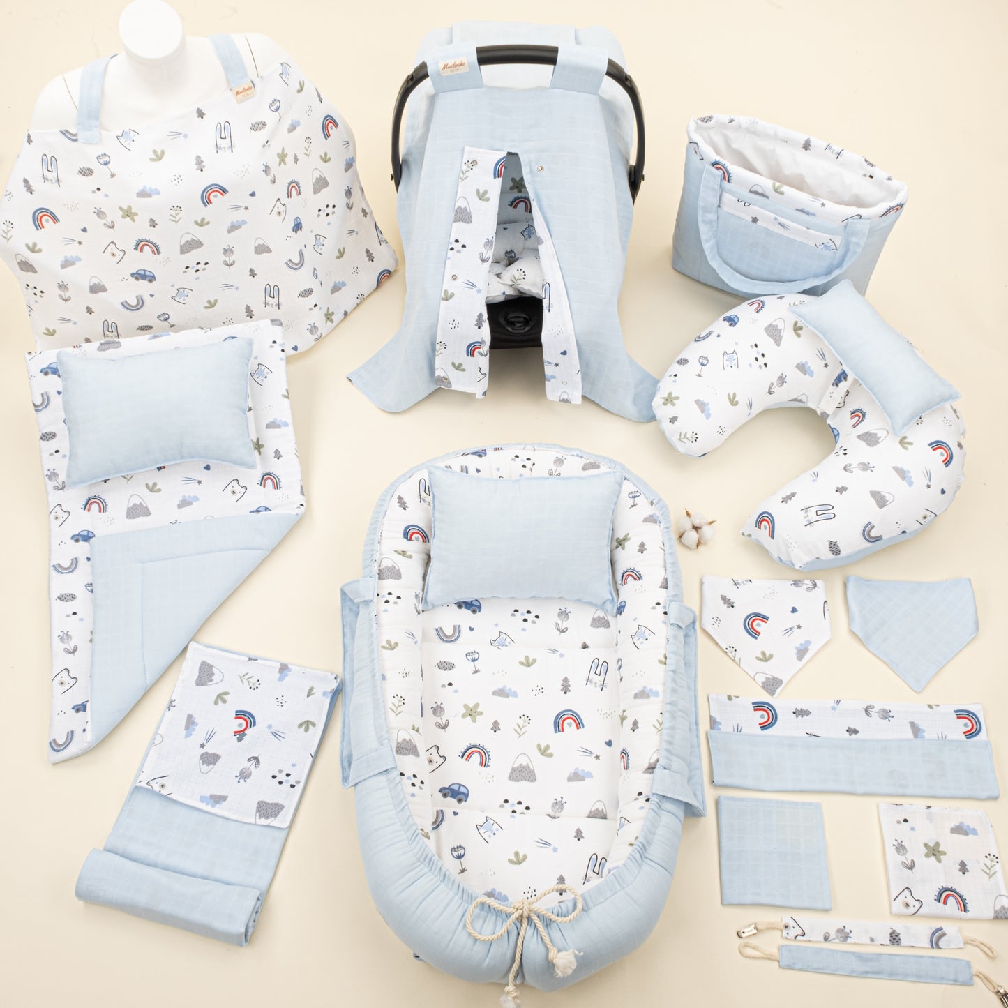 18 Parça Full Set - Çift Taraflı - Mavi Muslin - Mavi Kedi