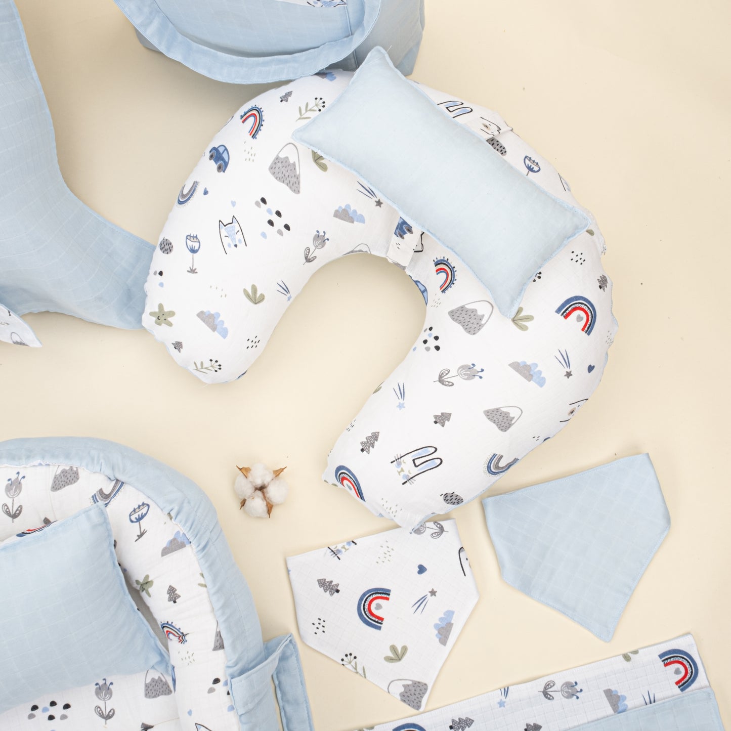 18 Parça Full Set - Çift Taraflı - Mavi Muslin - Mavi Kedi