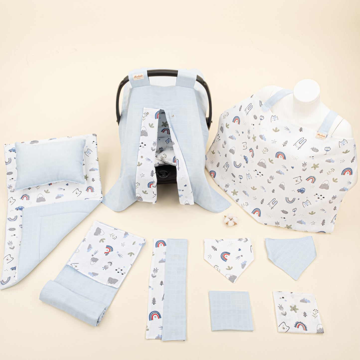 11 Parça Avantajlı Set - Çift Taraflı - Mavi Muslin - Mavi Kedi