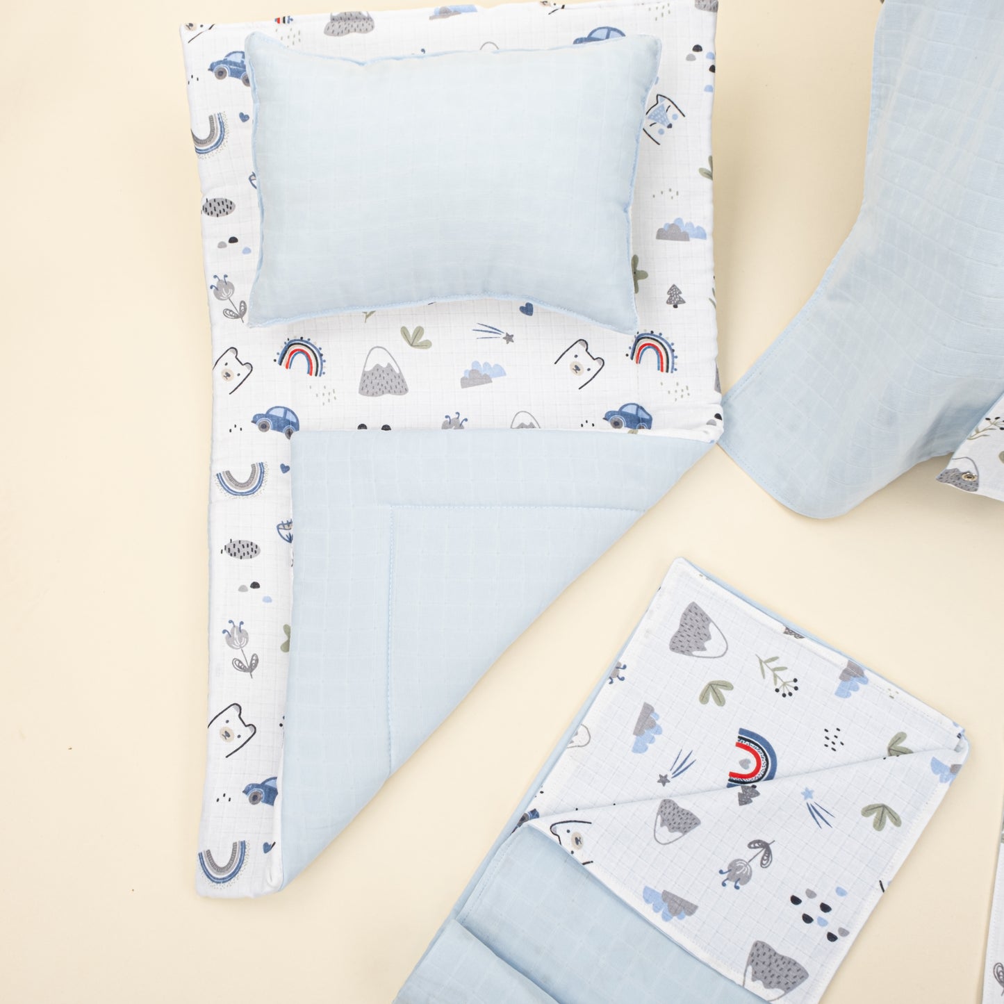 11 Parça Avantajlı Set - Çift Taraflı - Mavi Muslin - Mavi Kedi