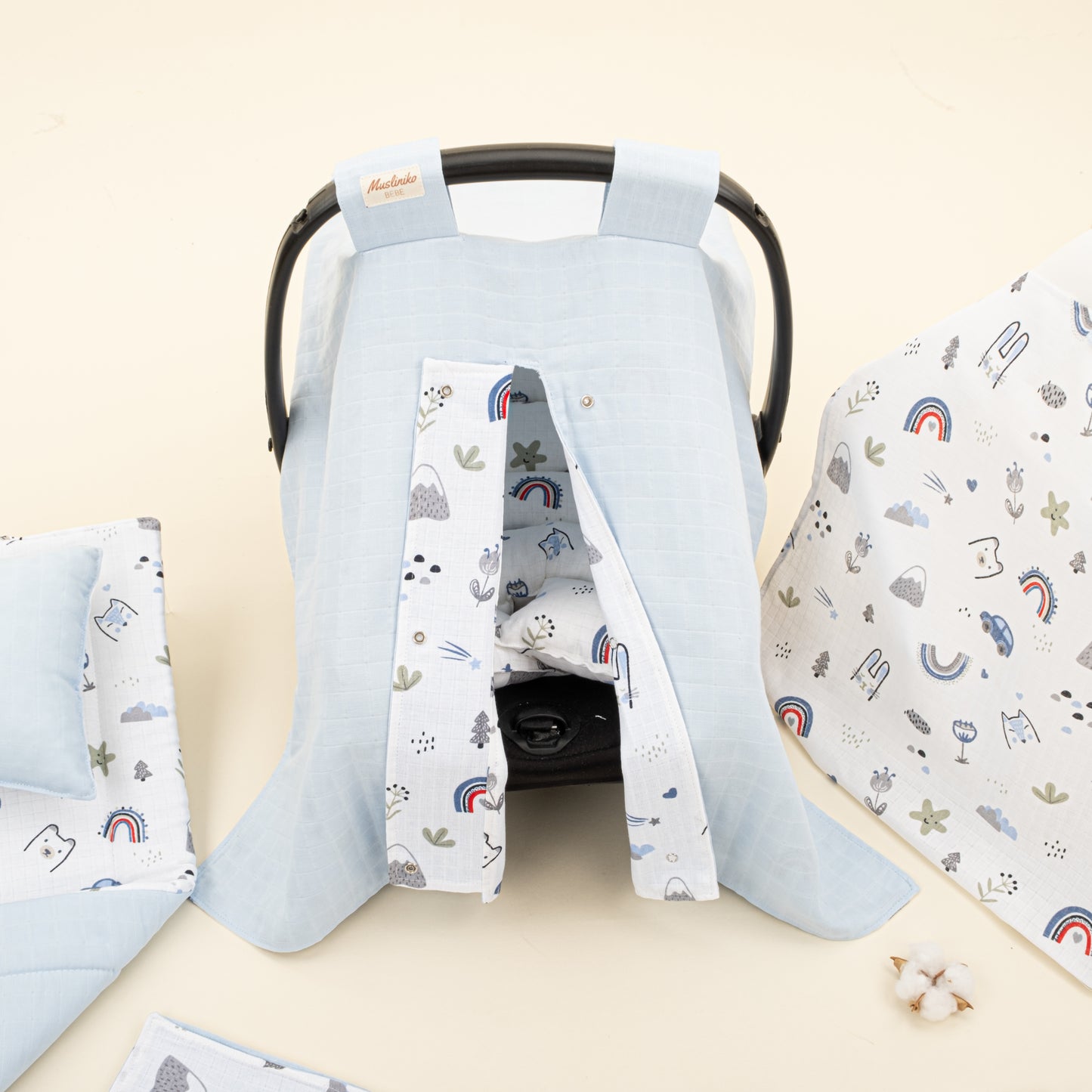 11 Parça Avantajlı Set - Çift Taraflı - Mavi Muslin - Mavi Kedi