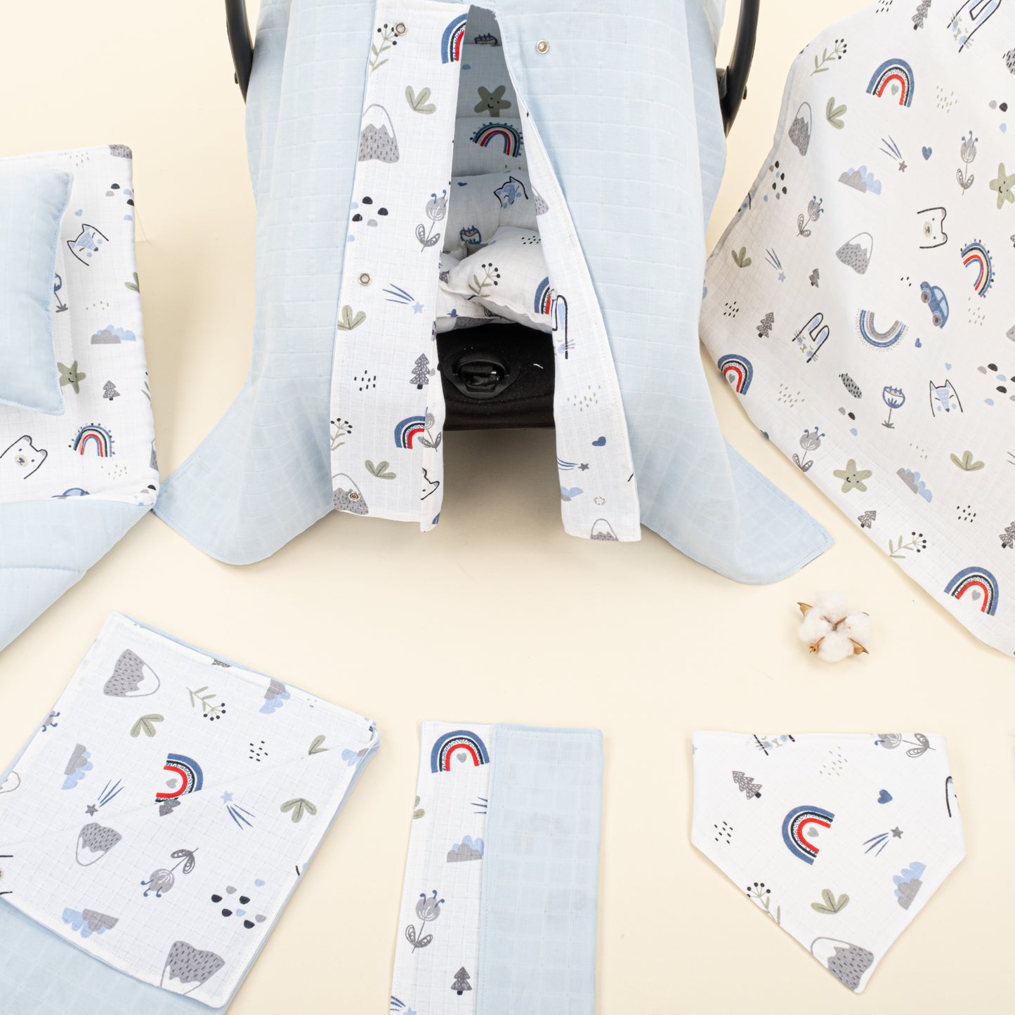 11 Parça Avantajlı Set - Çift Taraflı - Mavi Muslin - Mavi Kedi