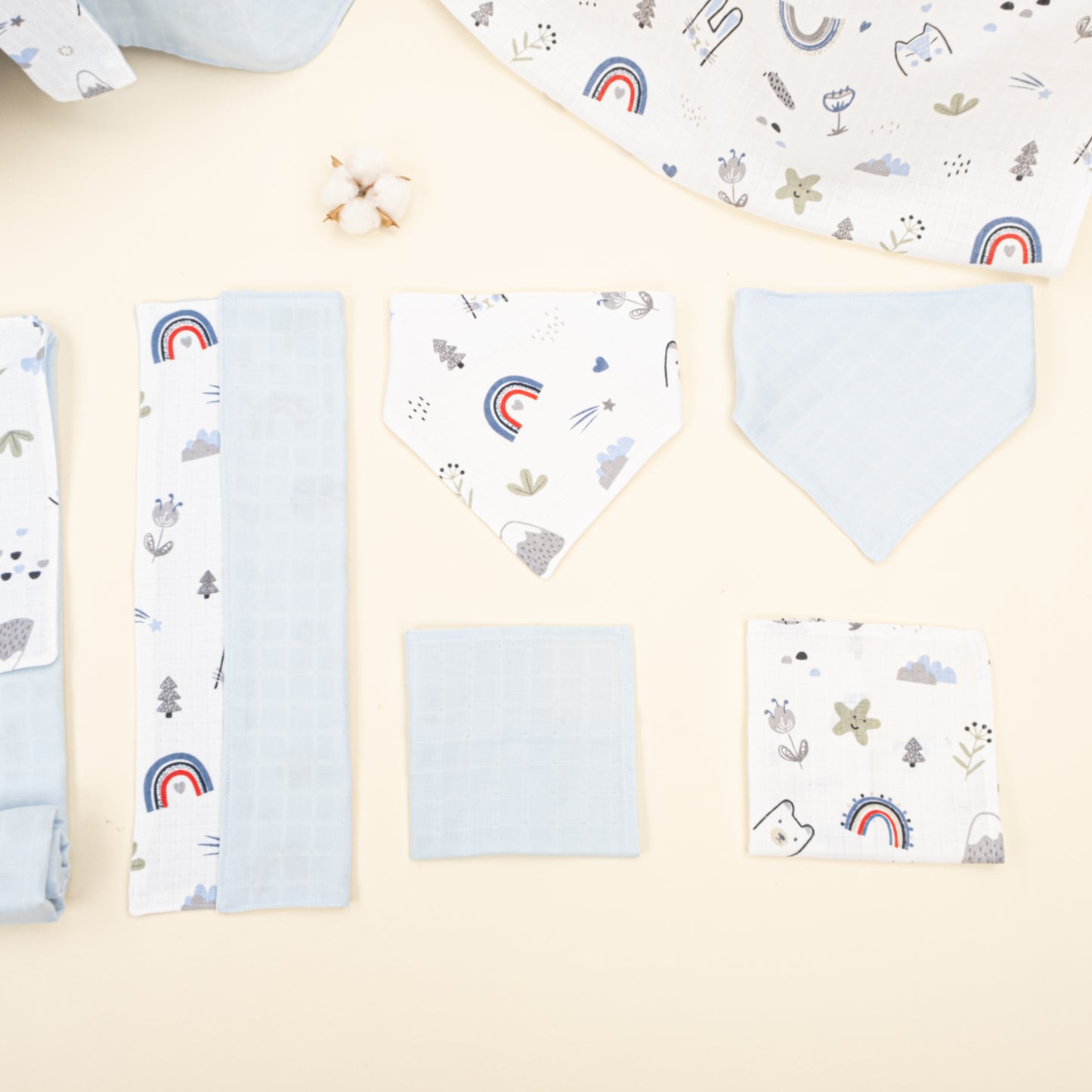9 Parça Avantajlı Set - Çift Taraflı - Mavi Muslin - Mavi Kedi