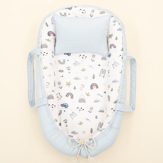 Babynest ve Yastık - Çift Taraflı - Mavi Muslin - Mavi Kedi