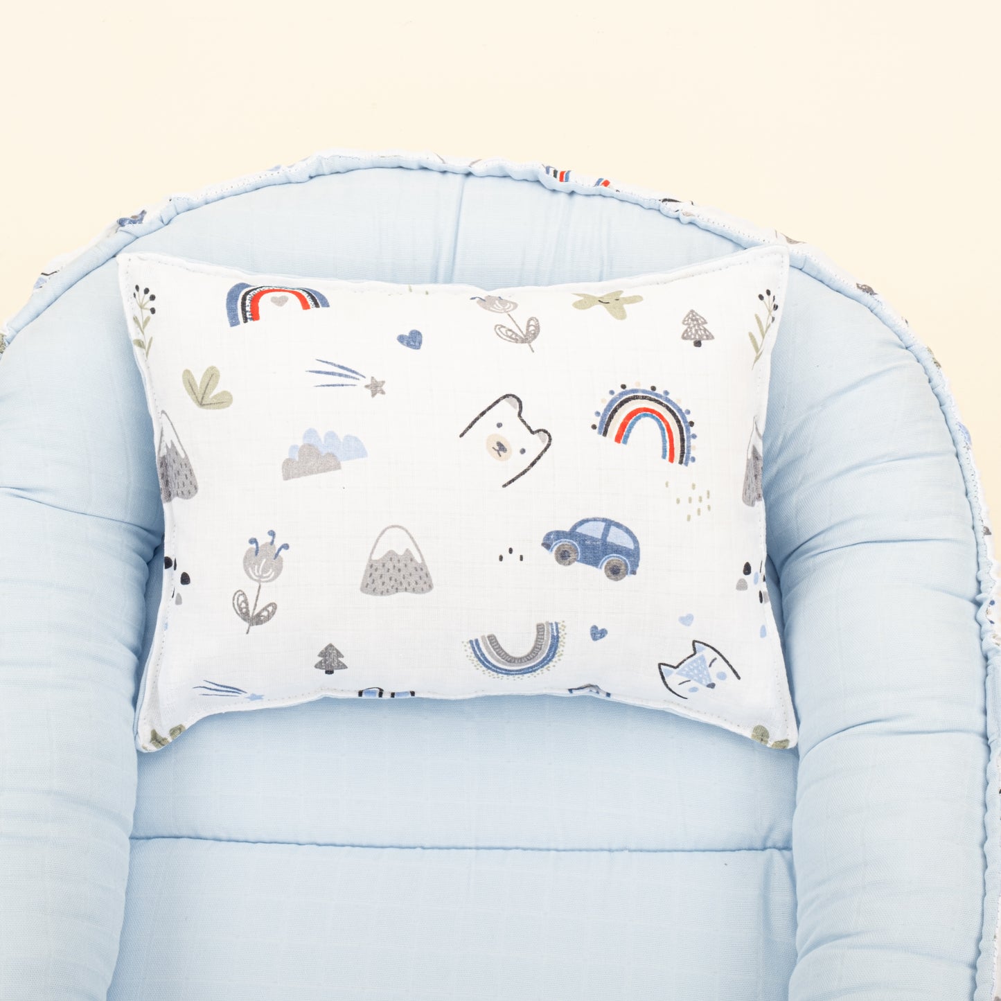 Babynest ve Yastık - Çift Taraflı - Mavi Muslin - Mavi Kedi