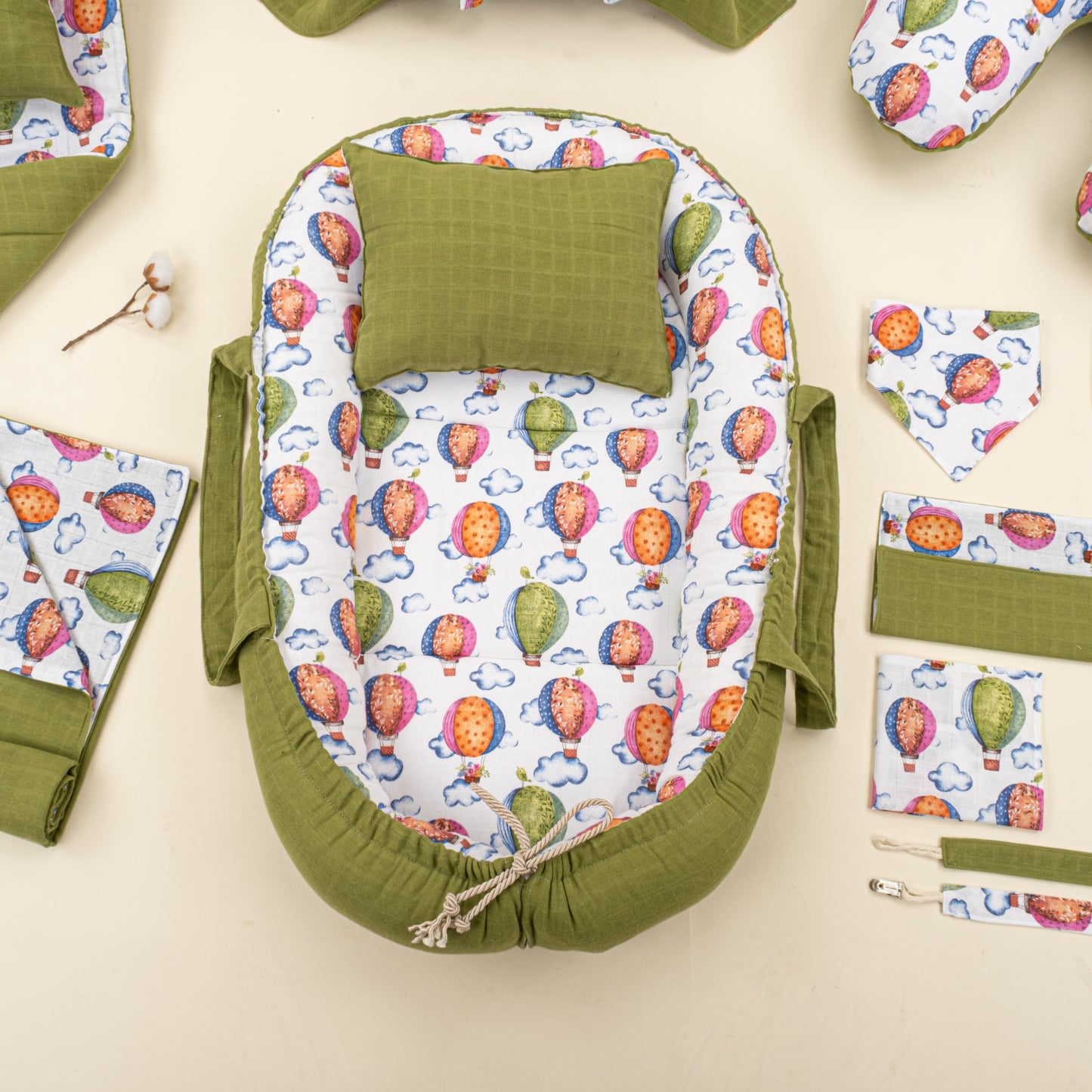 18 Parça Full Set - Fıstık Yeşili Muslin - Uçan Balonlar