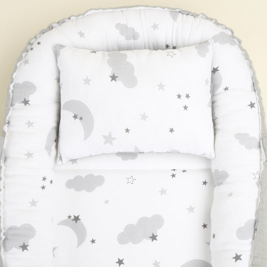 Babynest ve Yastık - Çift Taraflı - Açık Gri Muslin - Gri Ay