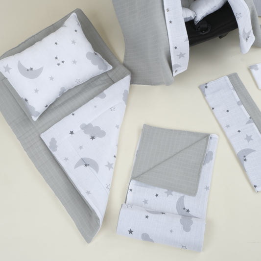 11 Parça Avantajlı Set - Çift Taraflı - Açık Gri Muslin - Gri Ay