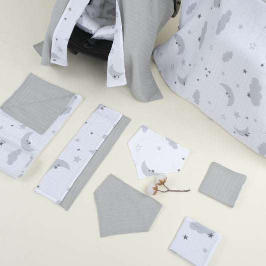 9 Parça Avantajlı Set - Çift Taraflı - Açık Gri Muslin - Gri Ay