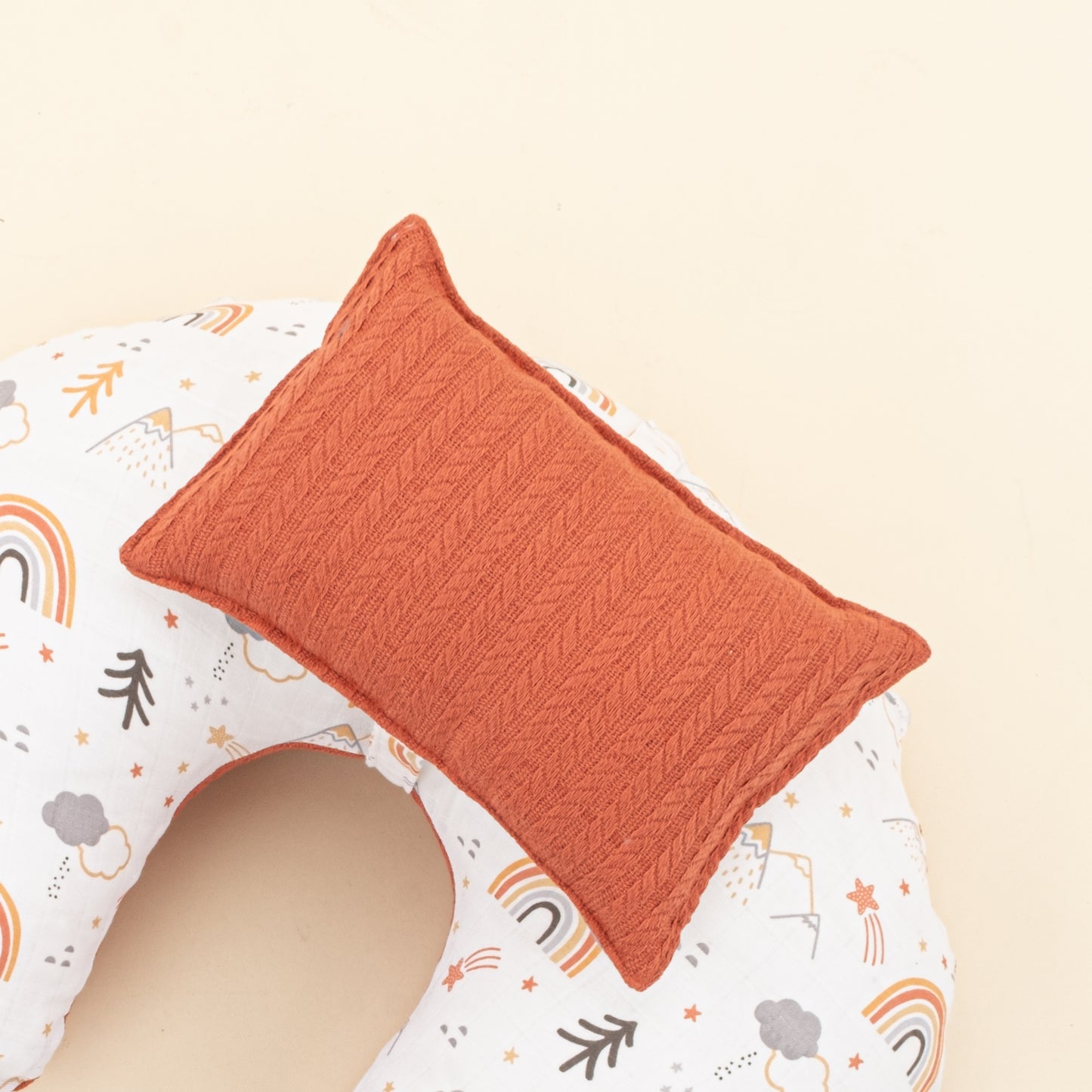 Emzirme Yastığı - Çift Taraflı - Kiremit Örgü - Turuncu Kuyruklu Yıldız