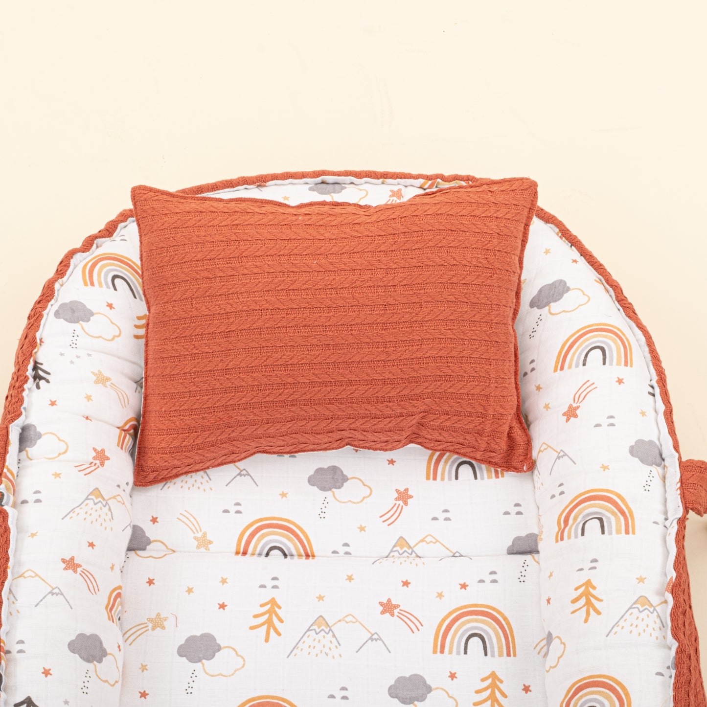 Babynest ve Yastık - Çift Taraflı - Kiremit Örgü - Turuncu Kuyruklu Yıldız