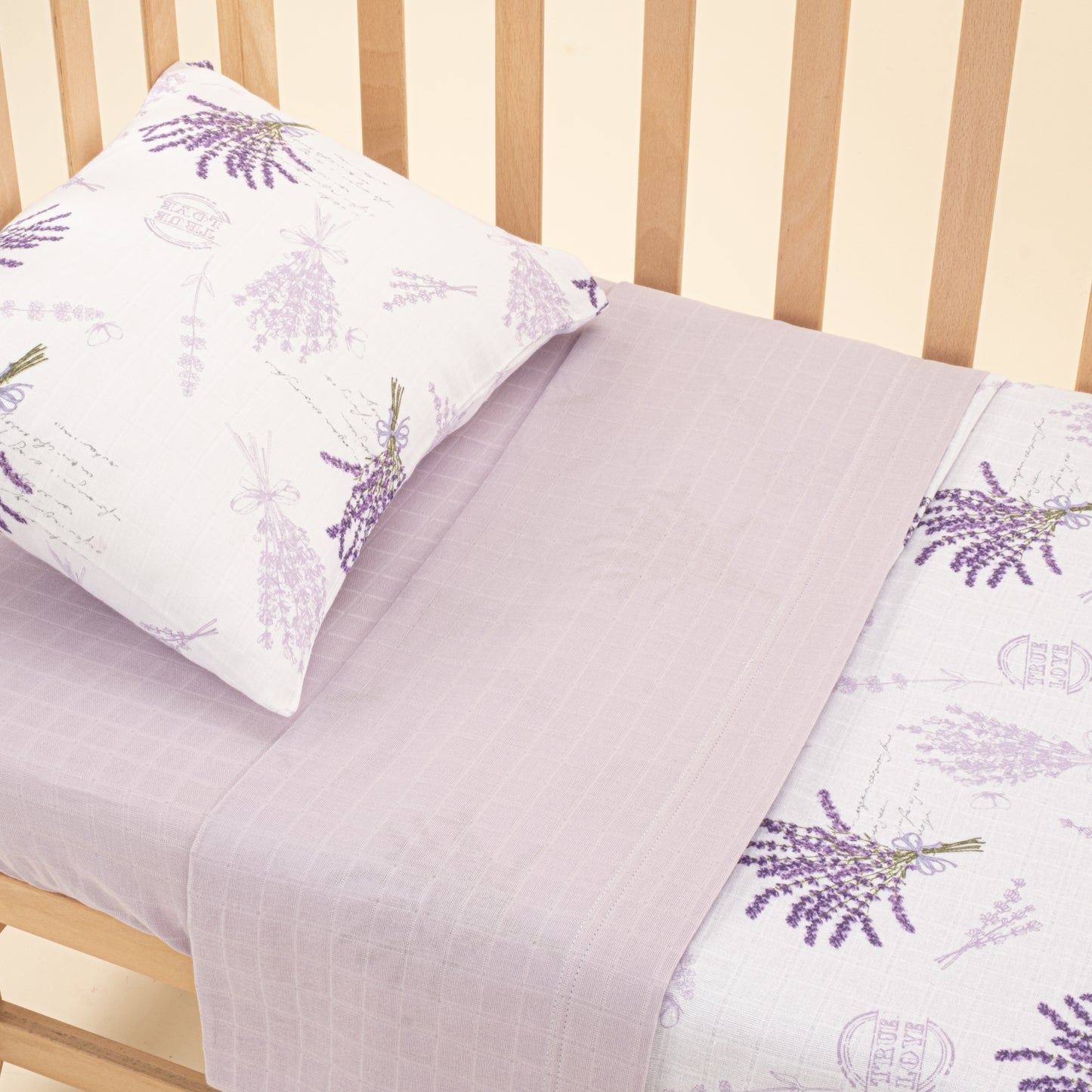 Bebek Muslin Nevresim Seti (Yorgan Kılıfı,Yastık Kılıfı,Lastikli Çarşaf) - Lila Muslin - Lavanta