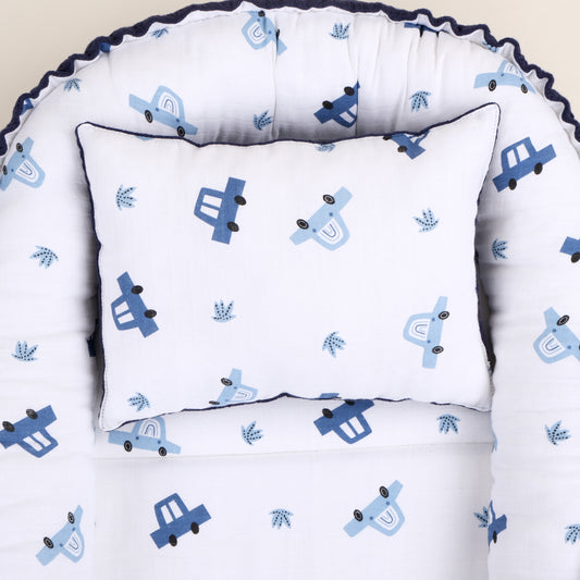 Babynest ve Yastık - Çift Taraflı - Lacivert Örgü - Mavi Arabalar