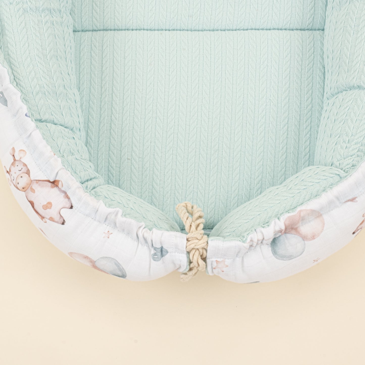 Babynest ve Yastık - Çift Taraflı - Dijital Baskı Muslin - Turkuaz Örgü - Sevimli Ayıcıklar