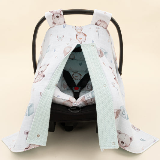 Puset Seti - Çift Taraflı - Dijital Baskı Muslin - Turkuaz Örgü - Sevimli Ayıcıklar