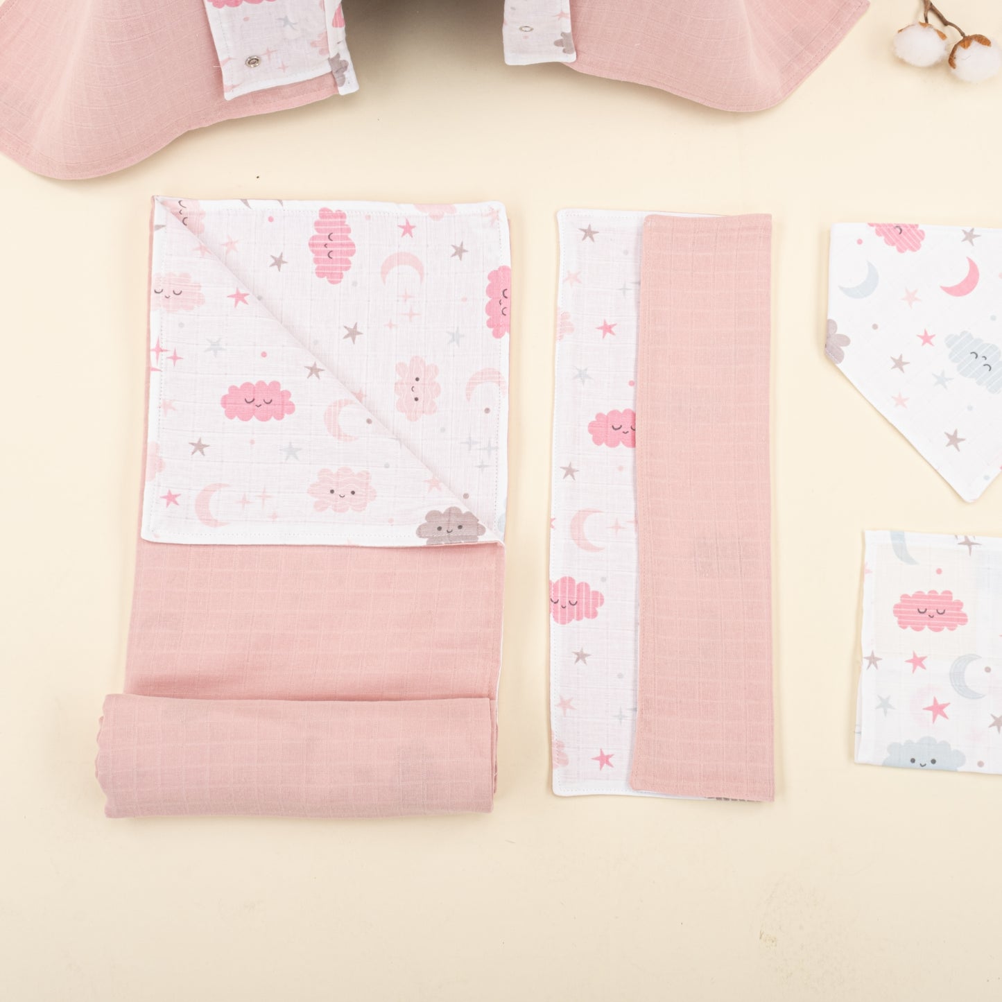9 Parça Avantajlı Set - Çift Taraflı - Pudra Muslin - Pembe Bulut