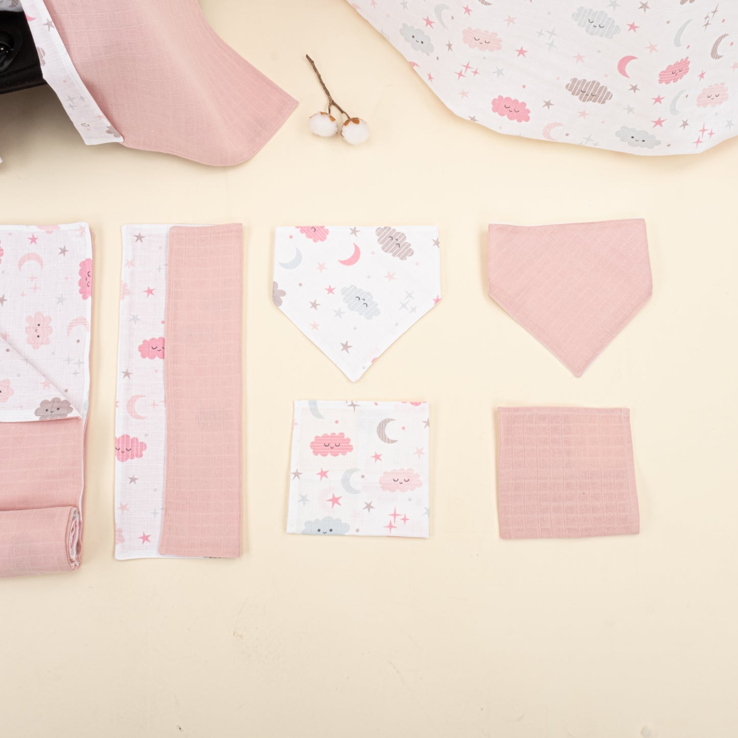 9 Parça Avantajlı Set - Çift Taraflı - Pudra Muslin - Pembe Bulut