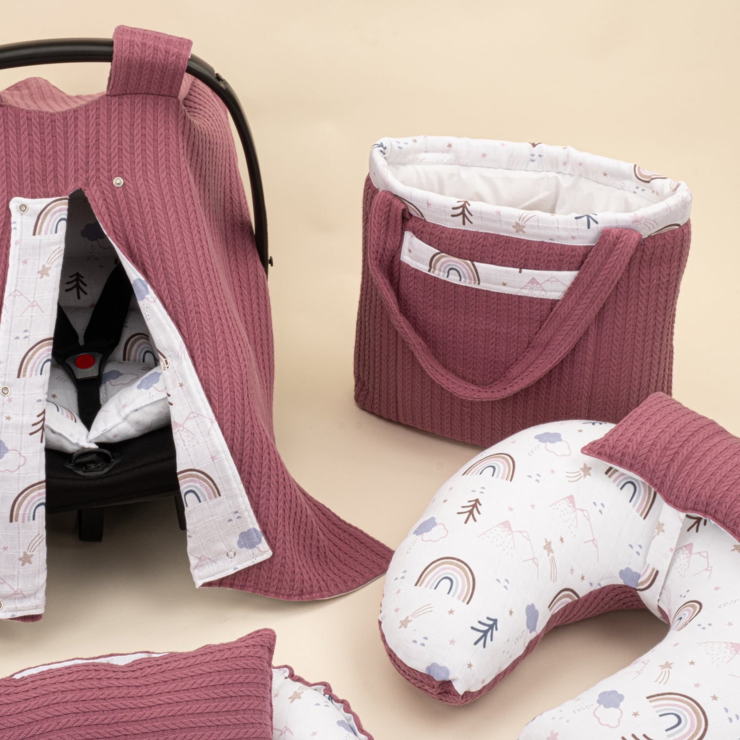 18 Parça Full Set - Çift Taraflı - Mürdüm Örgü - Pastel Gökkuşağı