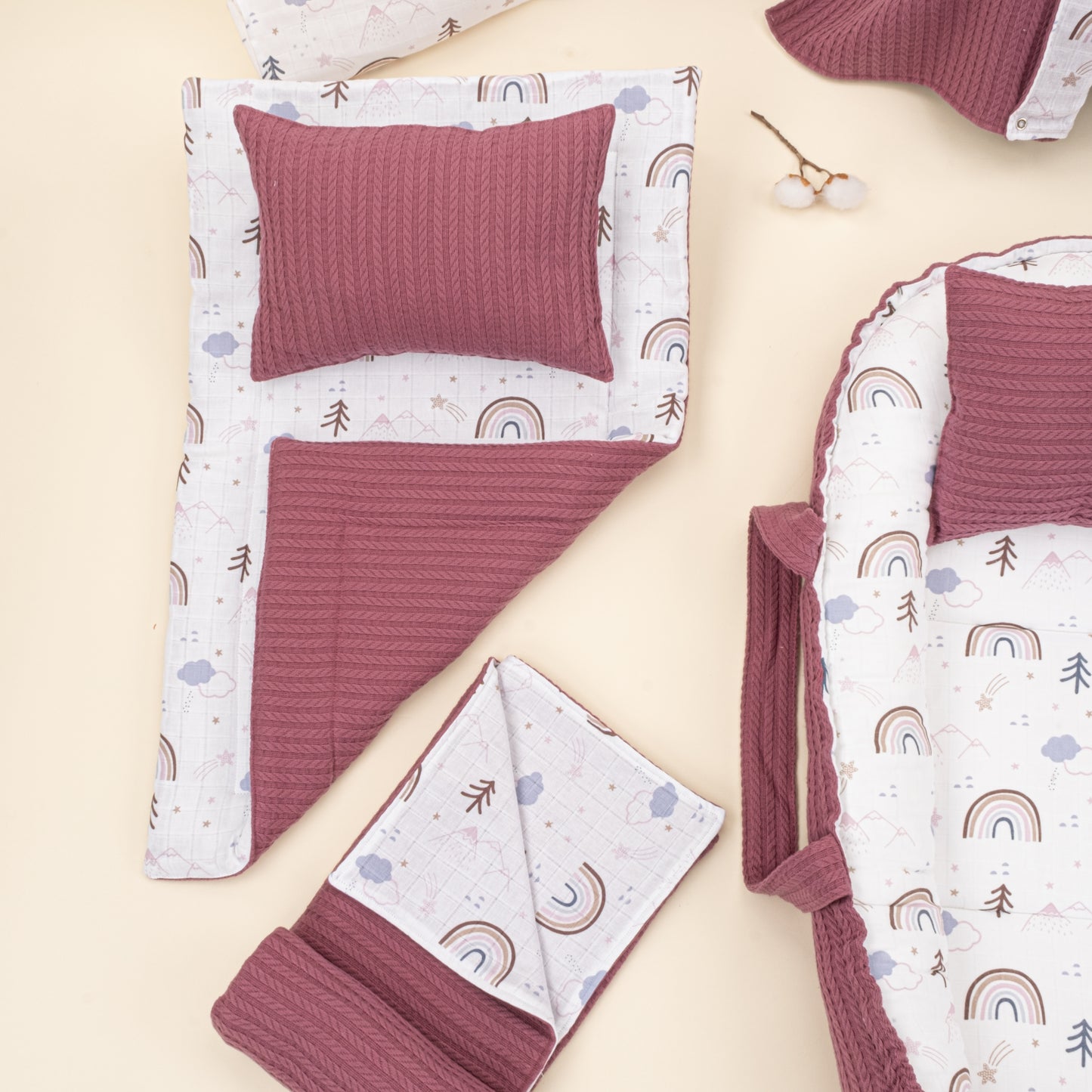 18 Parça Full Set - Çift Taraflı - Mürdüm Örgü - Pastel Gökkuşağı