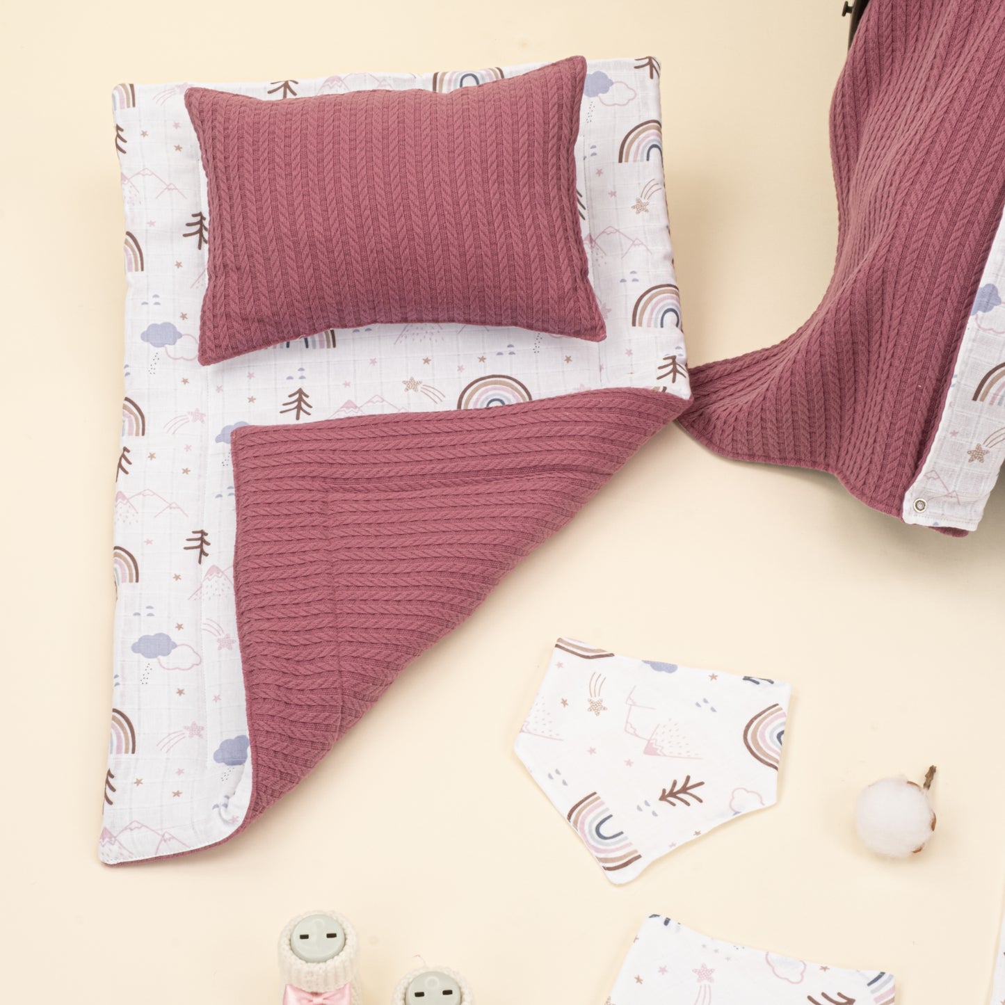 11 Parça Avantajlı Set - Çift Taraflı - Mürdüm Örgü - Pastel Gökkuşağı