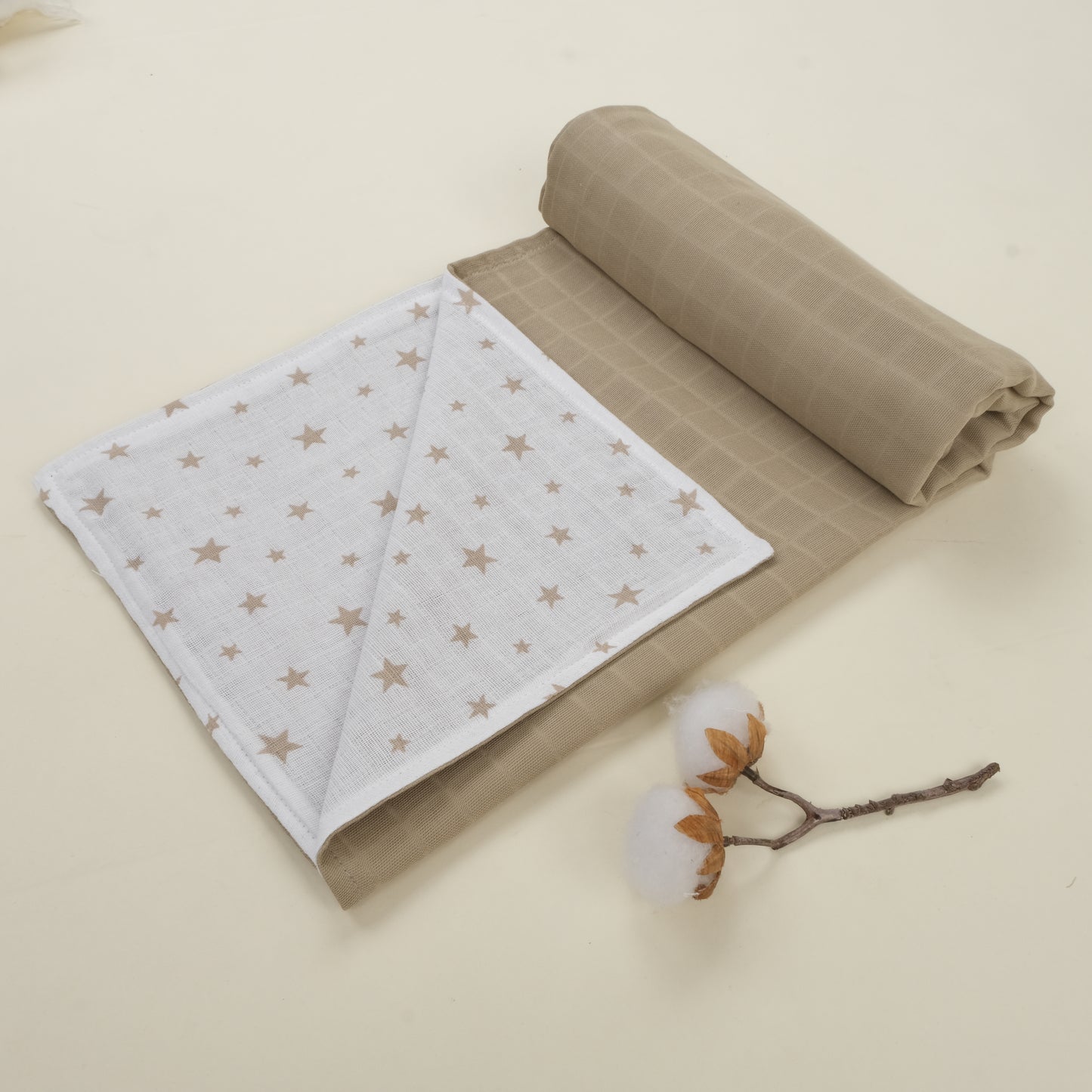 Çift Taraflı Muslin Örtü - Kahverengi Yıldız - Toprak Muslin