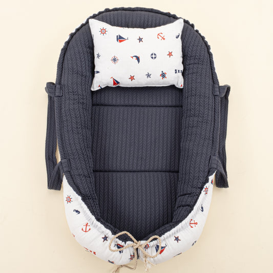 Babynest ve Yastık- Çift Taraflı - Lacivert Örgü - Bahriyeli