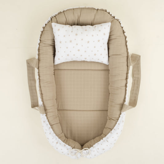 Babynest ve Yastık - Çift Taraflı - Kahverengi Yıldız - Toprak Muslin